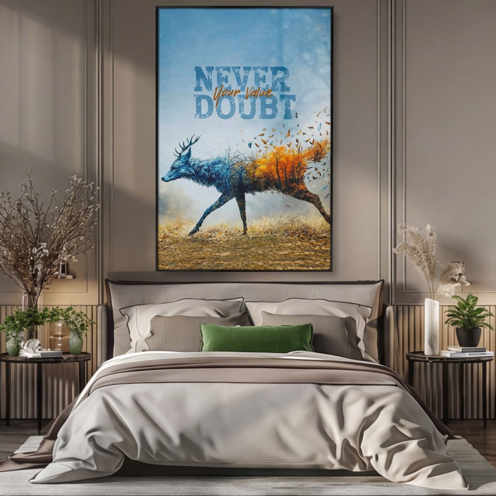 Tablou canvas cu tablou canvas cu cerb si padure, in rama de aluminiu negru, pe perete intr-un dormitor